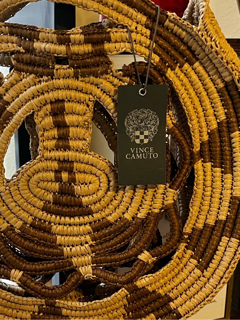 Vince Camuto Round Handwoven Straw Tote in Beige and Brown - Picture 3 of 5
